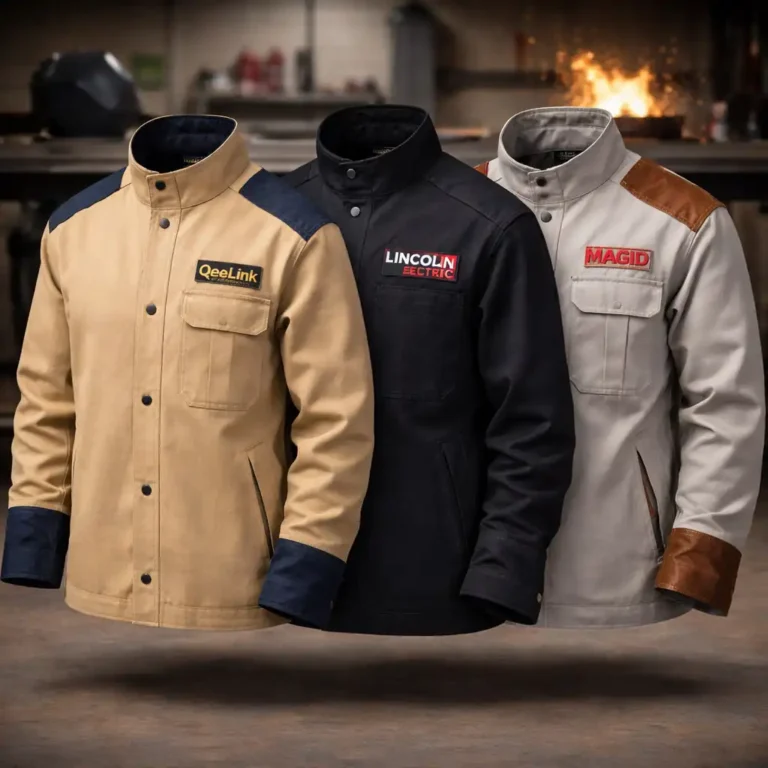 Lightweight flame-resistant welding jackets displayed in a workshop, designed for comfort and breathability during shop welding.