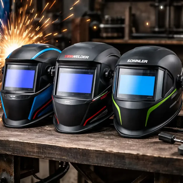 Three beginner-friendly auto darkening welding helmets displayed on a clean workshop bench to compare size, lens clarity, and overall design.