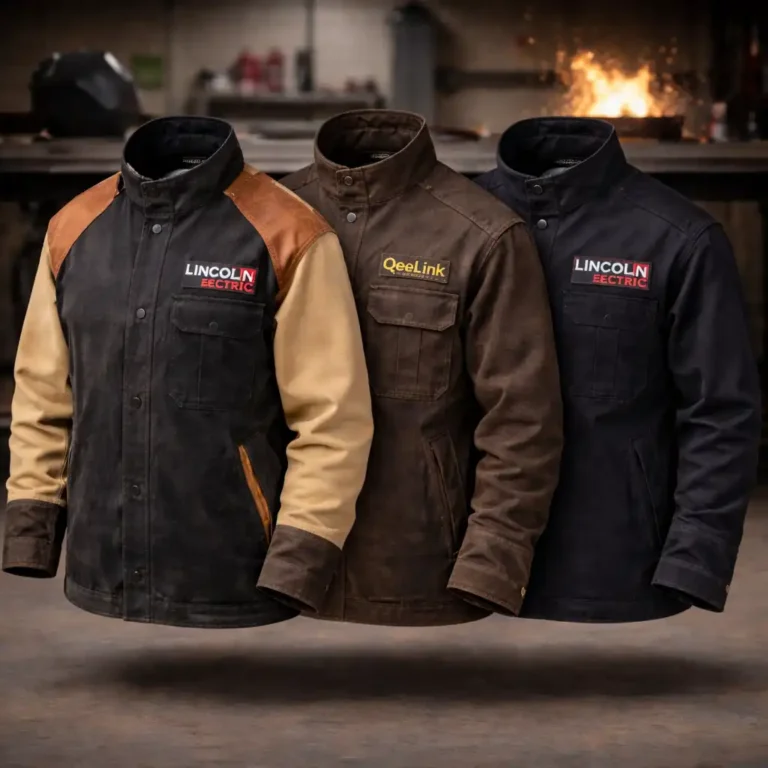 Welding jackets for MIG and stick welding displayed in a workshop, featuring leather and flame-resistant cotton designs.