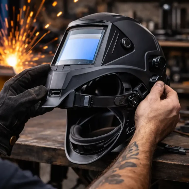 Welder adjusting the fit and tilt controls on an auto darkening welding helmet to improve comfort and visibility.