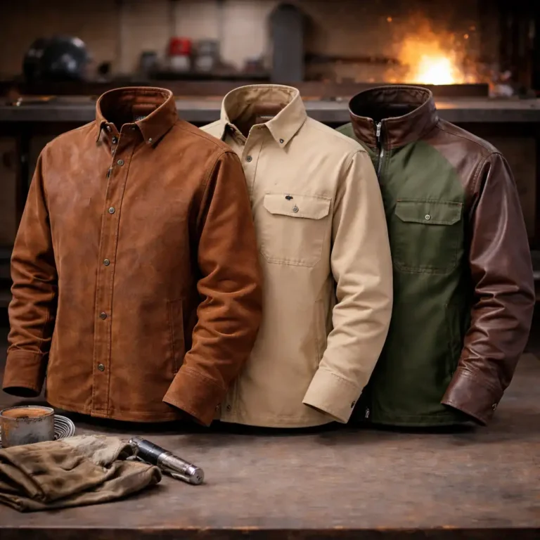 Leather, flame-resistant cotton, and hybrid welding jackets displayed on a workbench in a workshop, showing different materials used for welding protection.