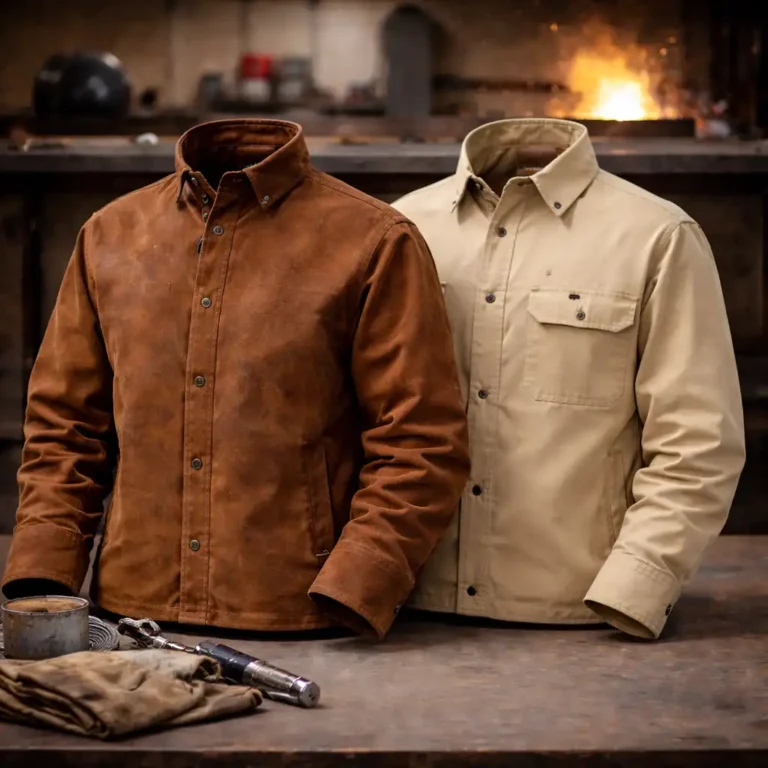 Leather welding jacket and flame-resistant cotton welding jacket displayed side by side on a workshop workbench, highlighting material differences and protective design.