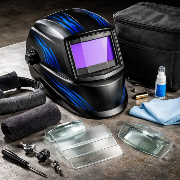 Welding helmet accessories laid out on a workbench, including replacement lenses, sweatbands, batteries, and a storage bag.