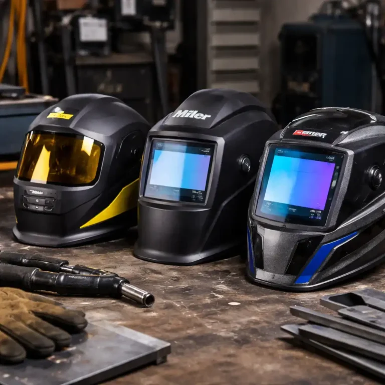 Three auto-darkening welding helmets displayed side by side on a workshop bench, showing different shell designs and viewing lenses.
