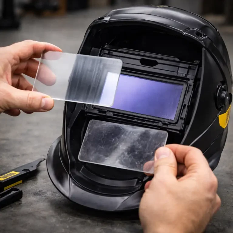 Welder replacing a scratched welding helmet lens with a new clear cover lens during routine helmet maintenance.
