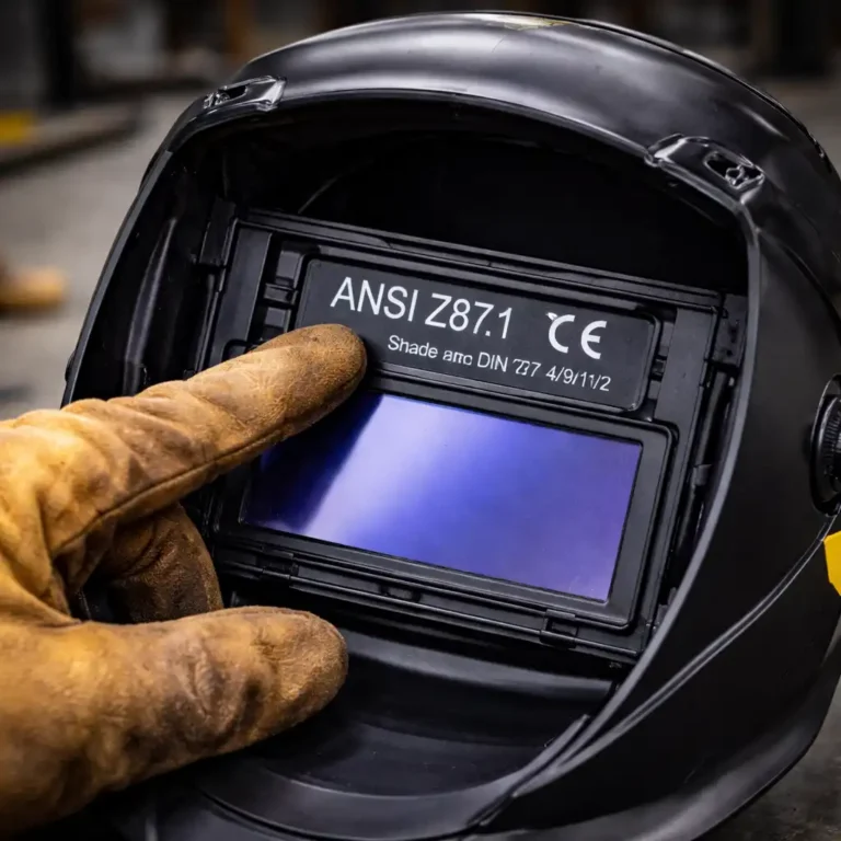 Close-up view of a welding helmet interior showing safety certification labels, including ANSI Z87.1 and CE markings, with a gloved hand pointing at the standard.