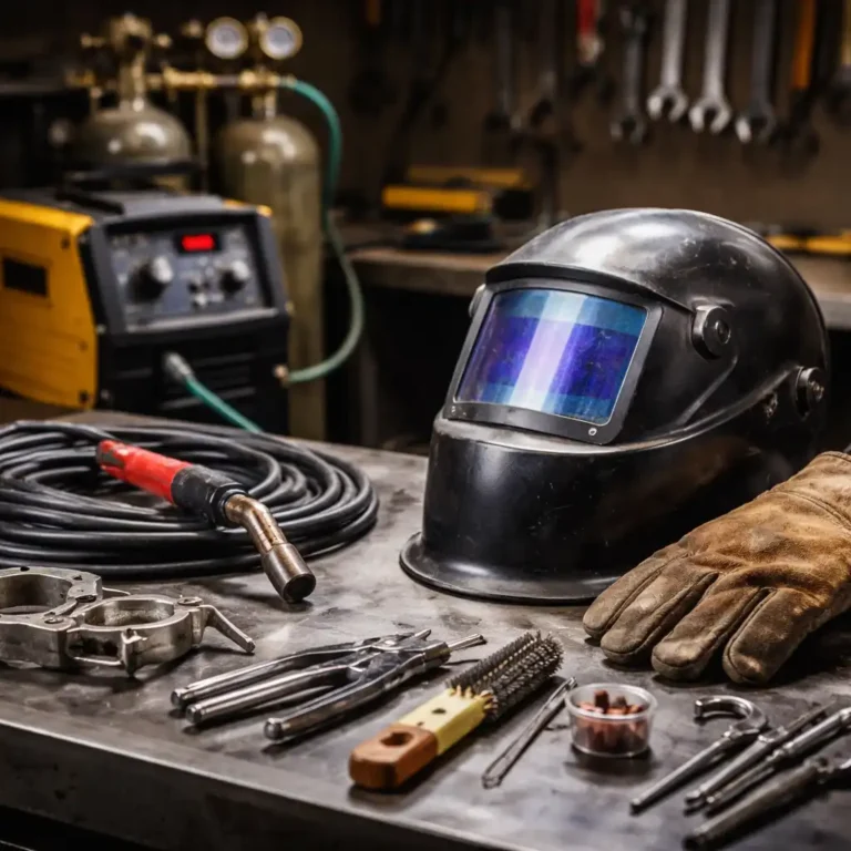 Welding machine, welding helmet, gloves, and essential tools arranged in a garage workshop setting.