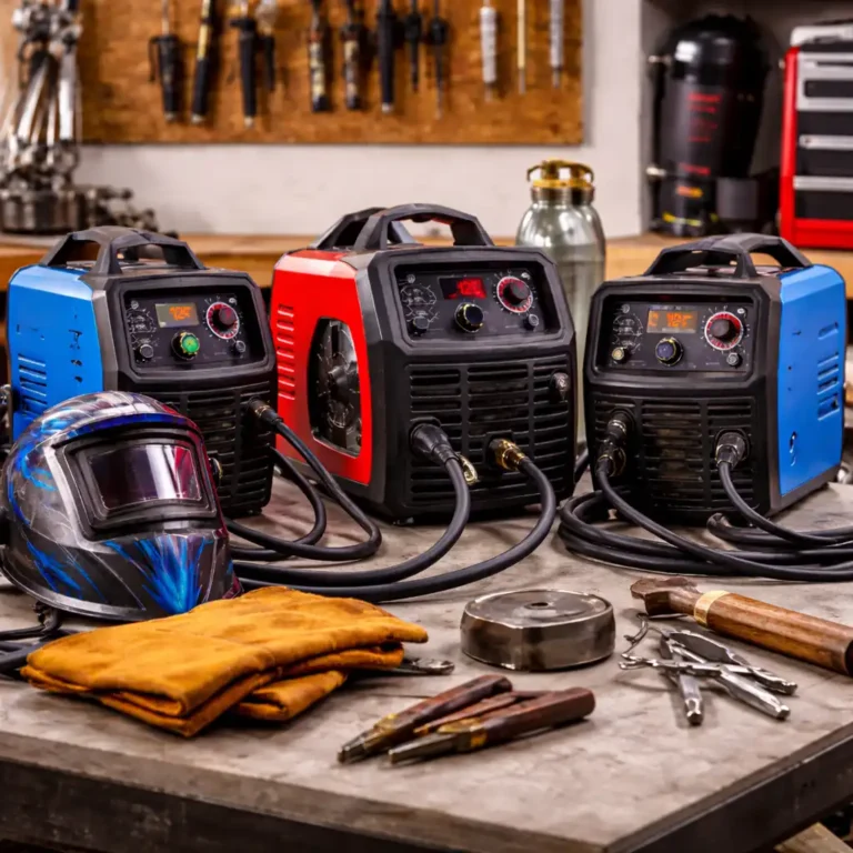 Three compact welding machines displayed side by side on a workbench in a home workshop, with safety helmet, gloves, and basic welding tools arranged nearby.